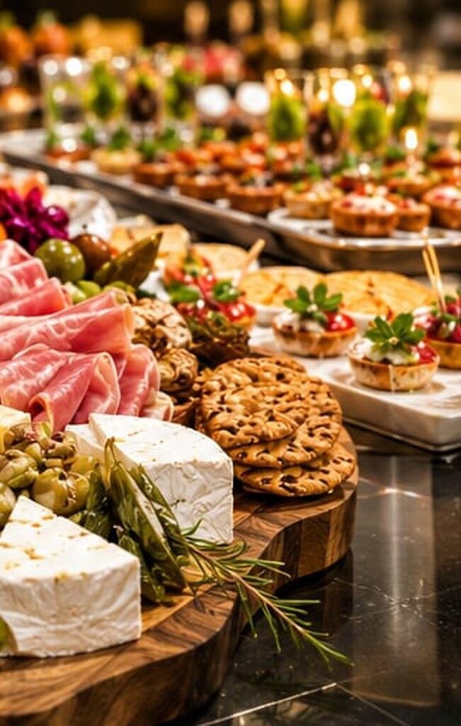 Buffet table with canapés, tartlets and a grazing spread