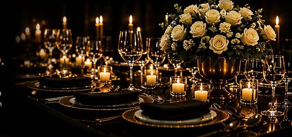 Candlelit table set for an evening event