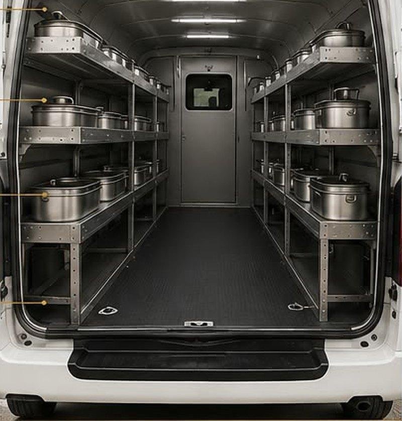 Van interior with shelving for catering equipment